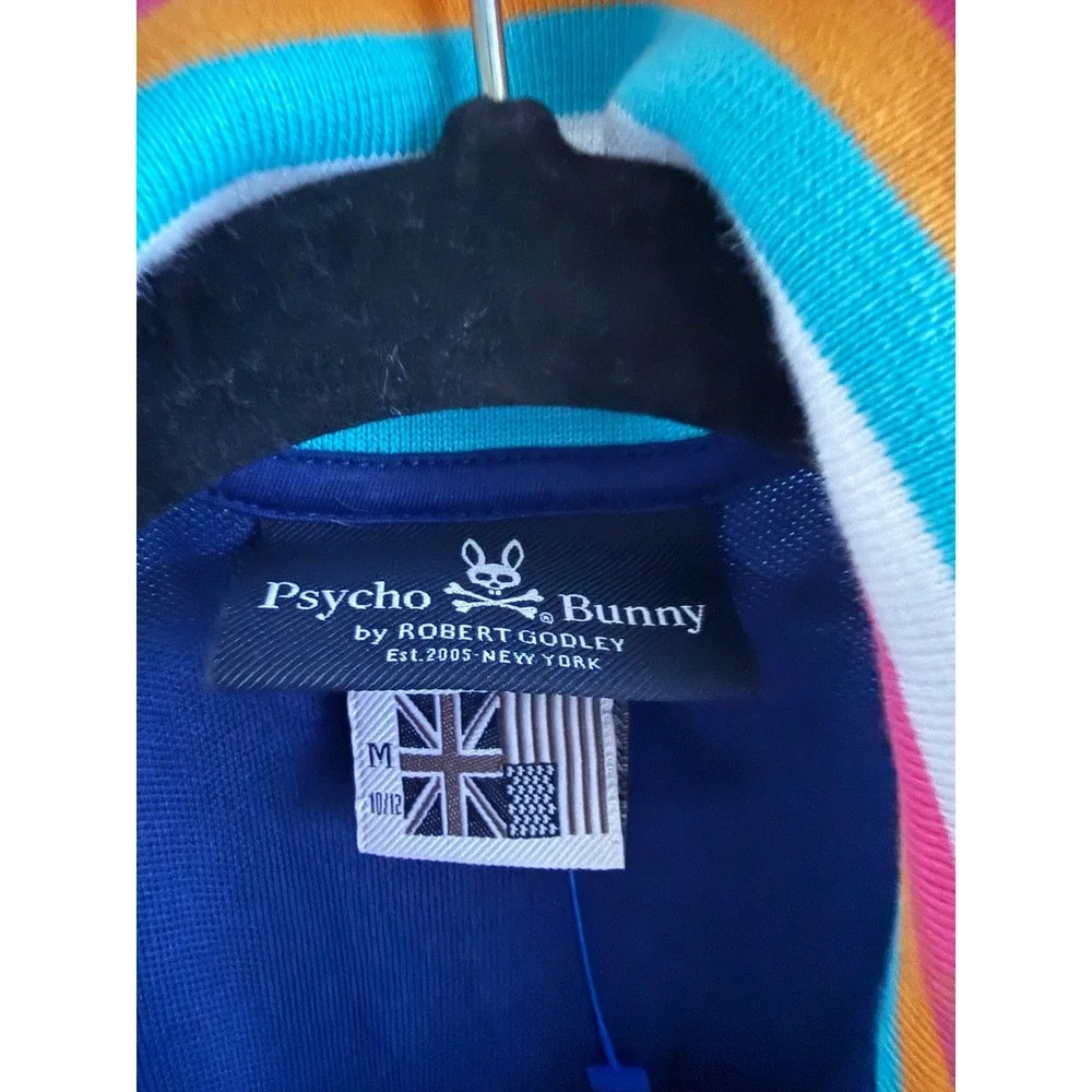 Psycho Bunny Kids Navy Blue Rainbow Striped Collar Polo Shirt Size M 10/12